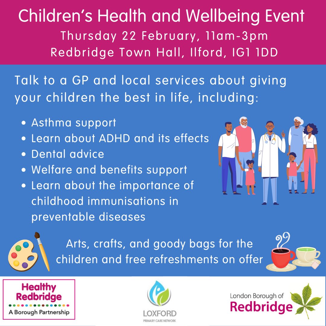 Join our children’s health and wellbeing event! Find out information on free local activities & health services for your child, speak to health professionals & enjoy arts & crafts activities. 📍Redbridge Town Hall, 128-142 High Rd, Ilford IG1 1DD 📆Thurs 22 Feb 🕚11am–3pm