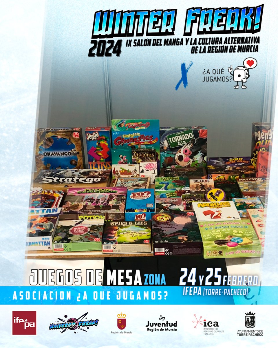 🎲 ¡La zona de juegos de mesa mas grande de la Región de Murcia vuelve a Winter Freak en @ifepamurcia!

🀄 Gracias a <a href="/A_AQueJugamos/">¿A Que Jugamos?</a> podrás disfrutar de más de 1000 metros cuadrados de zona lúdica

🃏 ¿Te atreves a probar los mejores juegos de mesa?