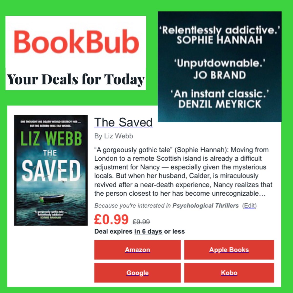 Liz Webb (@lizwebbauthor) on Twitter photo QUICK! Snap up the digital version of my new thriller THE SAVED for 99p on Amazon, Apple Books, Google and Kobo with this great time-limited BookBub promotion. It’s getting 5 star rave reviews on Amazon. DON’T MISS IT! #books #deals #thrillers <a href="/AllisonandBusby/">Allison & Busby</a> QUICK! Snap up the digital version of my new thriller THE SAVED for 99p on Amazon, Apple Books, Google and Kobo with this great time-limited BookBub promotion. It’s getting 5 star rave reviews on Amazon. DON’T MISS IT! #books #deals #thrillers <a href="/AllisonandBusby/">Allison & Busby</a>