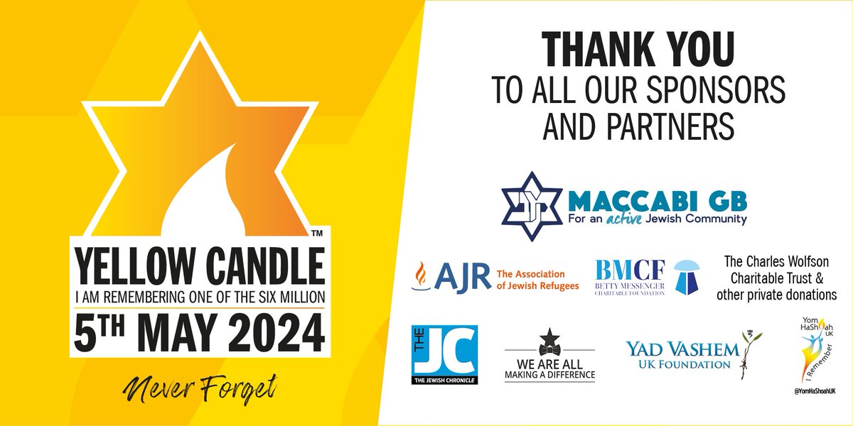 Thank you @TheAJR_, Betty Messenger Charitable Foundation, The Charles Wolfson Charitable Trust, @maccabigb, @JewishChron, We Are All Making a Difference, @yadvashemUK and @yomhashoahuk for making Yellow Candle 2024 possible. Purchase your Yellow Candle at yellowcandleuk.org/purchasecandle