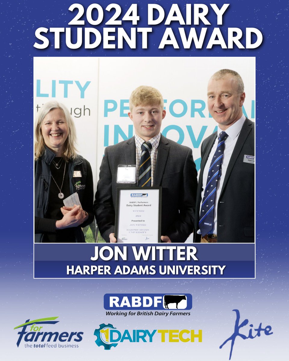 Harper Adams victorious once again in this year's Dairy Student Award Jon Witter, a student at Harper Adams University, has beaten off five other finalists in a closely fought contest to win this year’s RABDF Dairy Student Award, sponsored by ForFarmers.