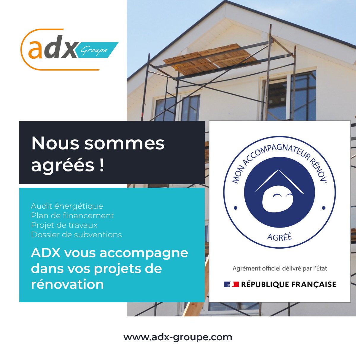 AdxGroupe's tweet image. ADX Groupe est agrée MAR’, et peut vous accompagner dans votre projet de rénovation !
L&apos;offre englobe un audit énergétique, l’élaboration du projet de travaux, le plan de financement et le dossier de subvention. Pour en savoir plus : urlr.me/QFsdy
#ADXGroupe #rénovation