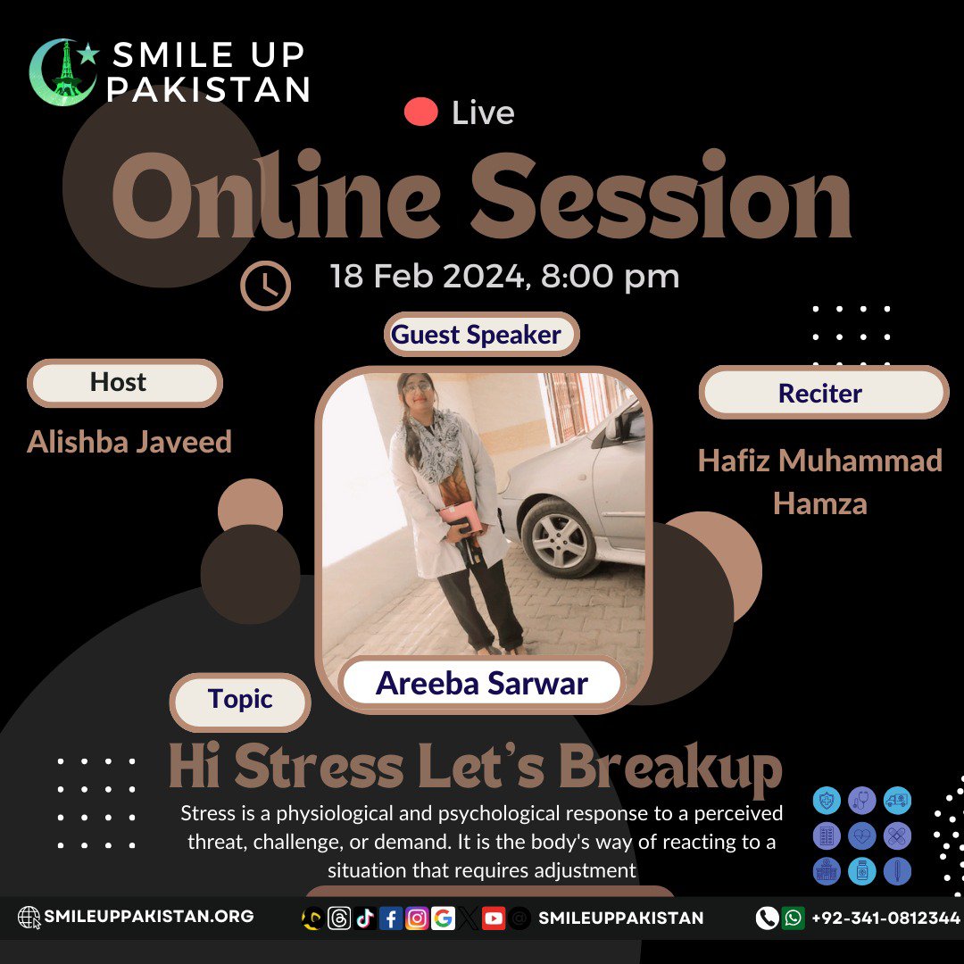We're going to organize a Live session on #Facebook about "Hi Stress, Let's Breakup" with our guest speaker Dr Areeba.
We'll talk about stress and how it affects our minds.

Time:- 8PM
Date:- 18 February 2024
Day :- Sunday 
Venue :- Facebook live 
#SmileUpPakistan #LiveSessionSUP