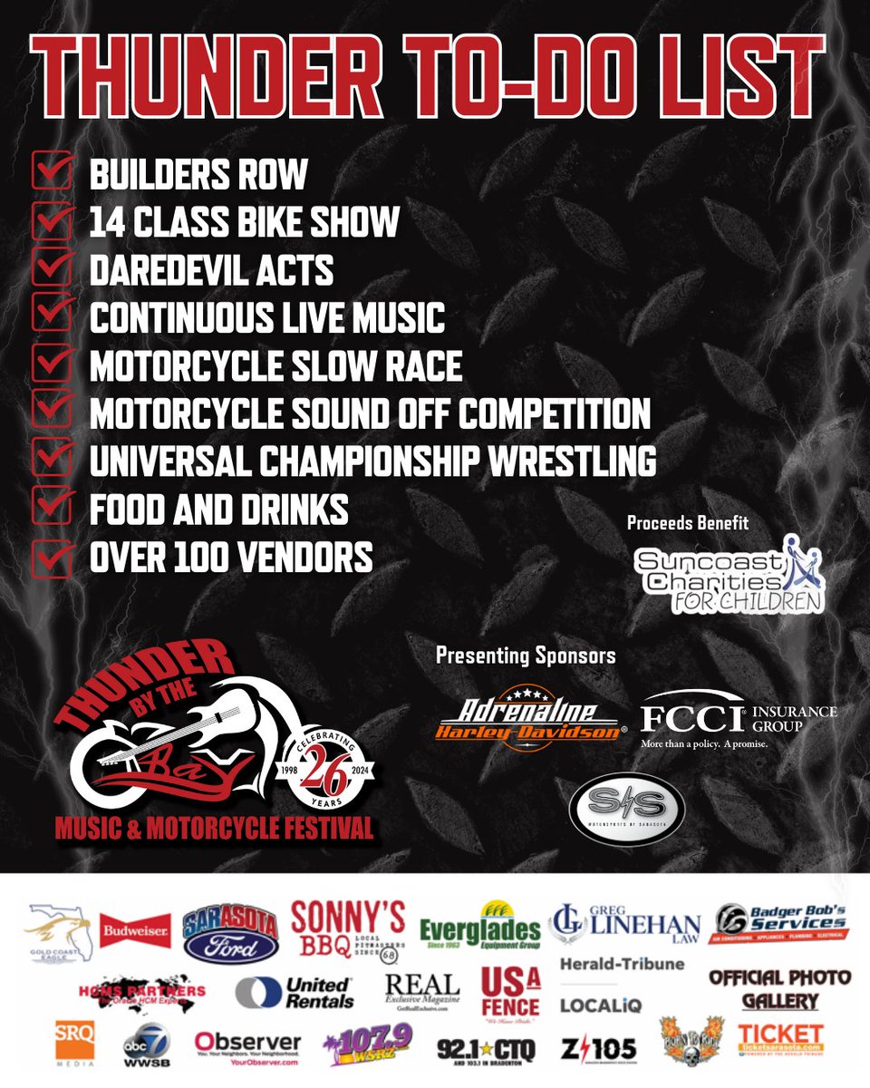 thunderbythebay's tweet photo. With so many things happening during Thunder By The Bay, it can be hard to remember everything! 🏍 Make sure you're in the know by texting “THUNDER” to 941.267.0838 to receive updates. 

Get tix in advance at Adrenaline Harley-Davidson or ONLINE: https://t.co/GpuRQPIB2e. https://t.co/JISvYtE7f8