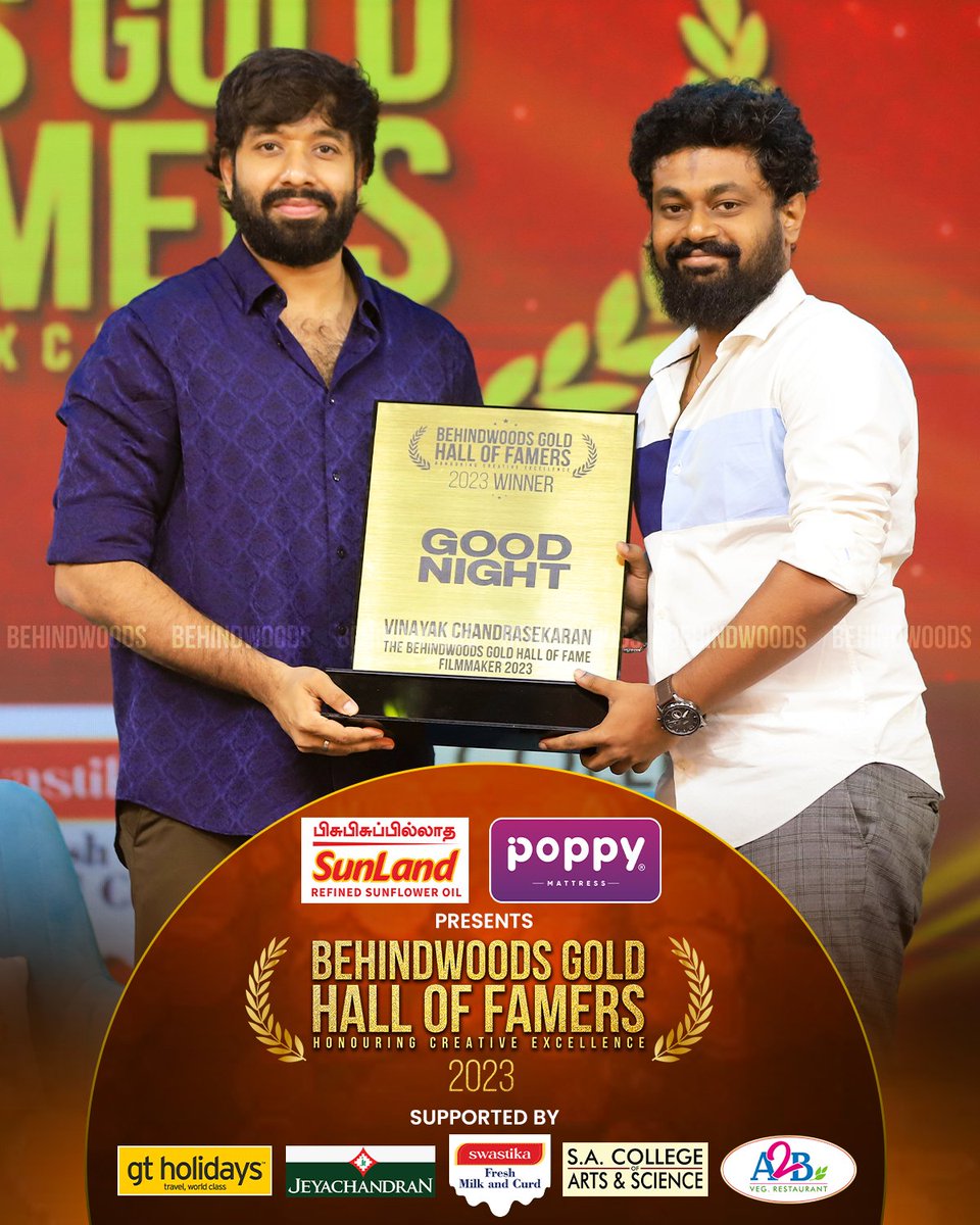 Honoring Vinayak Chandrasekaran as The Behindwoods Gold Hall Of Fame Filmmaker 2023 - #Goodnight🔥 #VinayakChandrasekaran #poppymattress #gtholidaysin #jeyachandrantextiles #a2bofficial #viscomsacas #ktvhealthfood #BehindwoodsGoldHallOfFame #BGHF2024 #BehindwoodsAwards