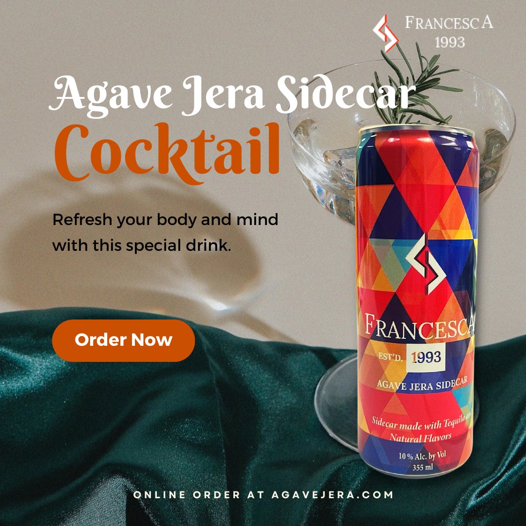 AgaveJera's tweet photo. Embark on a journey of flavor with Agave Jera Sidercar, a harmonious fusion of Francesca 1993. At 10% ABV, these bottles of ecstasy await you! Order today from https://t.co/DMFtD6M7cE. 🌟 
#FlavorFusion #AgaveJeraSidercarAdventure #Francesca1993  #CheersToGoodTimes https://t.co/pbuG6S0KjF