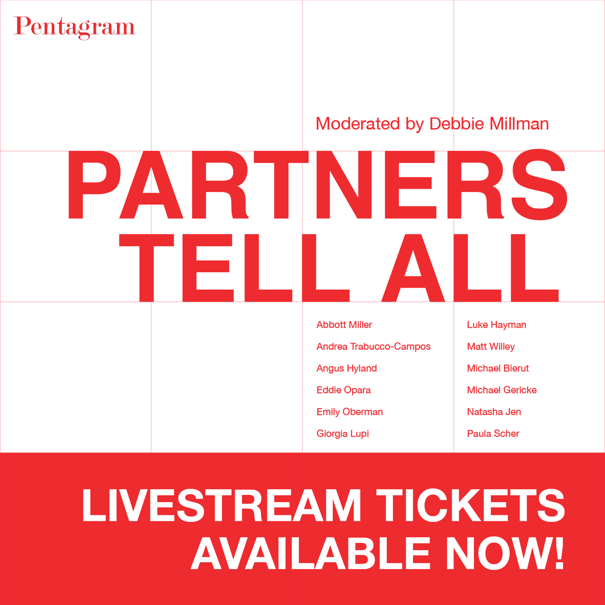 Our sold out talk with @aigany & @debbiemillman will now be live-streamed! Join our partners Abbott Miller, Andrea Trabucco-Campos, Angus Hyland, Eddie Opara, Emily Oberman, @giorgialupi, Luke Hayman, Matt Willey, Michael Bierut, Michael Gericke, Natasha Jen & Paula Scher for a