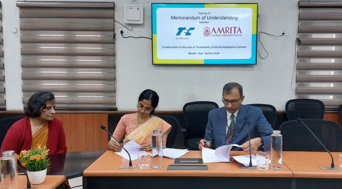 TEC DoT India (@tec_dot_india) on Twitter photo <a href="/TEC_DoT_India/">TEC DoT India</a> & <a href="/AMRITAedu/">Amrita Vishwa Vidyapeetham</a> signed MoU for cooperation in promoting #ResponsibleAI, developing tools for AI fairness assessment based on the TEC Standard, & setting up the required testing infrastructure #AIforAll #EthicalAI #AIfairness <a href="/DoT_INDIA/">DoT India</a> <a href="/amritacyber/">Amrita Center for Cybersecurity Systems & Networks</a> <a href="/krishnashreeA/">Krishnashree Achuthan</a> <a href="/TEC_DoT_India/">TEC DoT India</a> & <a href="/AMRITAedu/">Amrita Vishwa Vidyapeetham</a> signed MoU for cooperation in promoting #ResponsibleAI, developing tools for AI fairness assessment based on the TEC Standard, & setting up the required testing infrastructure #AIforAll #EthicalAI #AIfairness <a href="/DoT_INDIA/">DoT India</a> <a href="/amritacyber/">Amrita Center for Cybersecurity Systems & Networks</a> <a href="/krishnashreeA/">Krishnashree Achuthan</a>