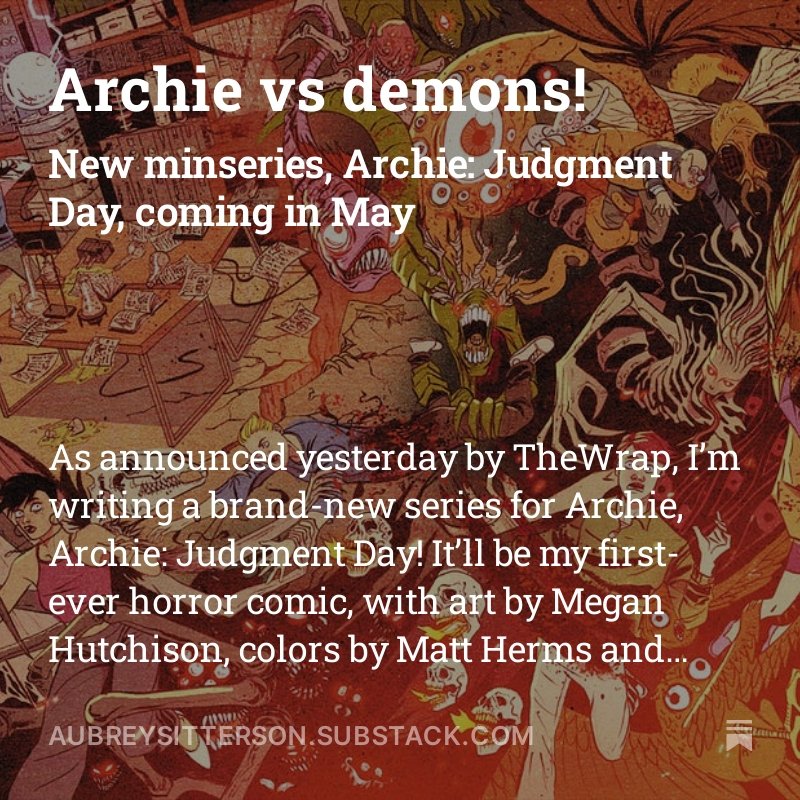 🚨NEW AUBREY NEWSLETTER🚨 Featuring discussion of and art from my FIRST-EVER horror comic, Archie: Judgment Day with @blackem_art and the gang at @ArchieComics! aubreysitterson.substack.com/p/surprise-ann…