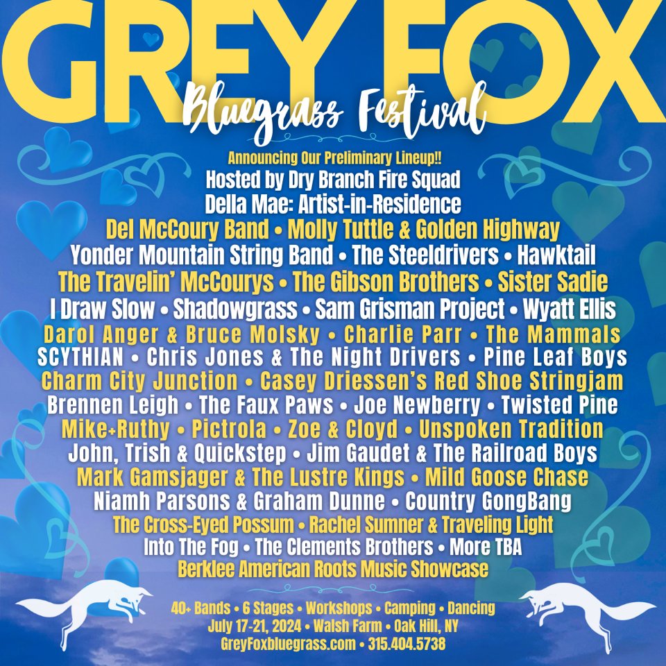 Here it is folks! Join us, @delmccouryband, @mollytuttle & Golden Highway, @yondermoutain String Band, @heyheydellamae (all weekend long as Artists-in-Residence) and so much more! Come for the music and find out why folks have loved Grey Fox for more than 40 years!