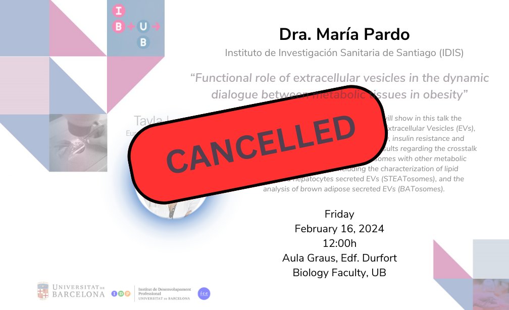 Marta Giralt (@martagiraltub) on Twitter photo ⚠️Cancelled‼️
📌The seminari will be re-programmed soon.
<a href="/MetNet_Bcn/">MetNet</a> <a href="/IBUB_UB/">IBUB-UB</a> <a href="/BQBiomedMolUB/">Biochemistry & Molecular Biomedicine UB</a> <a href="/BiologiaUB/">Facultat de Biologia UB</a> <a href="/Farmacia_UB/">Facultat de Farmàcia i Ciències de l'Alimentació</a> ⚠️Cancelled‼️
📌The seminari will be re-programmed soon.
<a href="/MetNet_Bcn/">MetNet</a> <a href="/IBUB_UB/">IBUB-UB</a> <a href="/BQBiomedMolUB/">Biochemistry & Molecular Biomedicine UB</a> <a href="/BiologiaUB/">Facultat de Biologia UB</a> <a href="/Farmacia_UB/">Facultat de Farmàcia i Ciències de l'Alimentació</a>