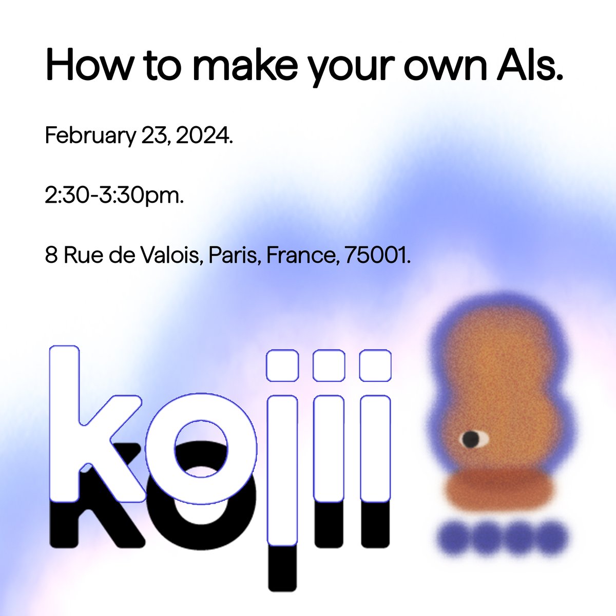 Join us for a hands-on workshop featuring the open-source AI platform Eden.art &amp; kojii.ai. 🤖✨

Welcoming AI-curious creatives, degens, artists, designers, &amp; founders. 🎨💡 

Craft your own AIs using our open-source tech by the end! 🔧
