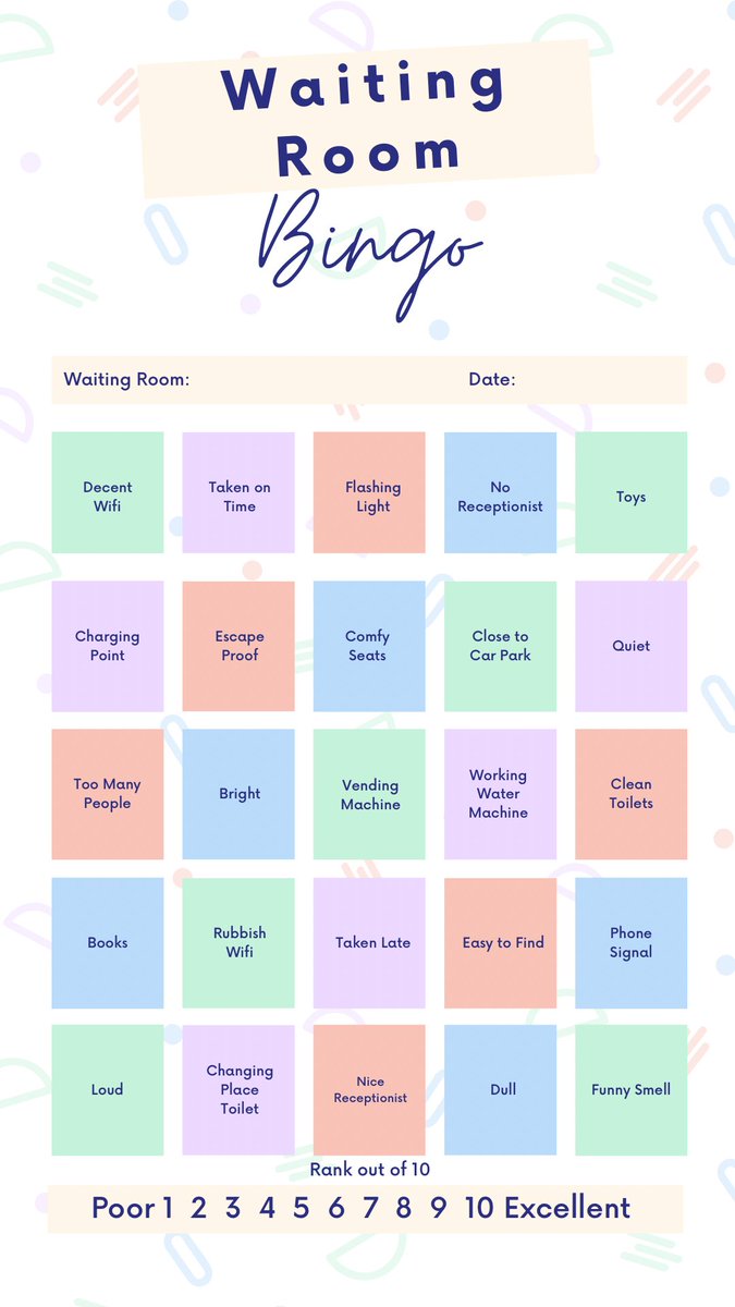 mistytwiglet's tweet photo. Whilst waiting in yet another waiting room earlier today we decided to start rating them. Between my brother, friends and myself we have devised a Waiting Room Bingo if you feel so inclined 🙂 https://t.co/1E8qqdDd2U