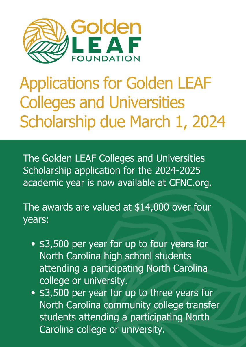 Share the love by sending this amazing Golden LEAF #Scholarship opportunity to a #rural North Carolina high school senior or community college transfer student! Applications are due March 1. goldenleaf.org/news/applicati…