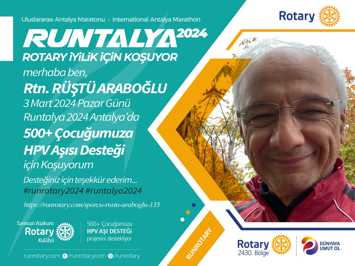 Runrotarycom's tweet photo. merhaba, ben Rtn. RÜŞTÜ ARABOĞLU,

ben de #runrotary projesinde 500+ Çocuğumuza HPV AŞISI DESTEĞİ için koşuyorum. Destekleriniz için teşekkür ederim.

Bağışlarınız için: https://t.co/AQAGH2r1g8

#runrotary2024 https://t.co/6qwqzTThMa