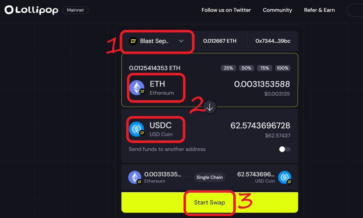 CARRY OUT GASLESS SWAP -Change Network to Blast Sepolia by clicking on the  network button on the top left -Select tokens for swap e.g ETH - USDC  -Enter preferred amount of ETH -