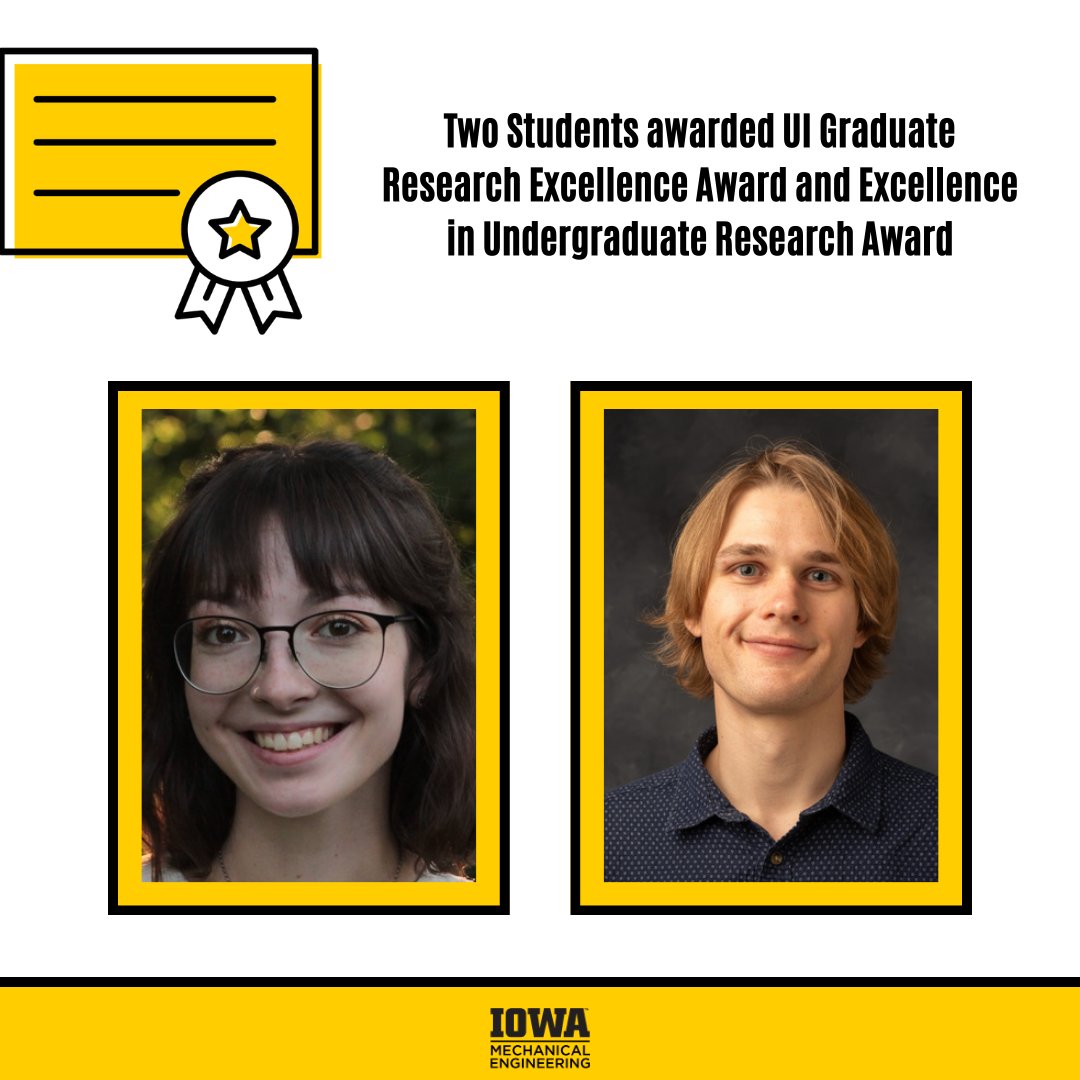 Congratulations to ME students Sabrina Vlk and Maxwell Hammond who've won the prestigious UI Graduate Research Excellence Award and Excellence in Undergraduate Research Award. <a href="/UIowaResearch/">UIowa Research</a> <a href="/uiowaOUR/">UIOWA Undergraduate Research</a> 🥳