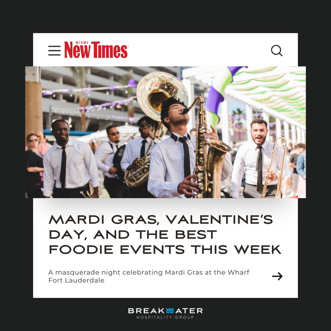 BreakwaterHg's tweet photo. As featured in @miaminewtimes, this weekend, join us at The @WharfFTL as we bring Bourbon Street to you feat. live entertainment, a second line band, contests w/ prizes and a whole lotta BEADS! 👑

🎭 RSVP at https://t.co/zymik7n24T https://t.co/OFHLmUbFcT