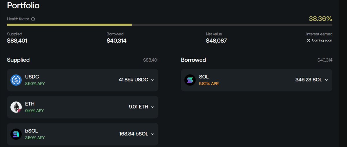smyethI1289's tweet photo. @Kamino_Finance @marginfi As always, heres my positions. By using my liquid USDC and other assets as collateral, I was able to borrow SOL at 5.82 percent and loan it out on kamino at 7.05 percent. 

I was then able to borrow bSOL at 0.54% and loan it out at 3.53%. https://t.co/VzFw2uhVwP