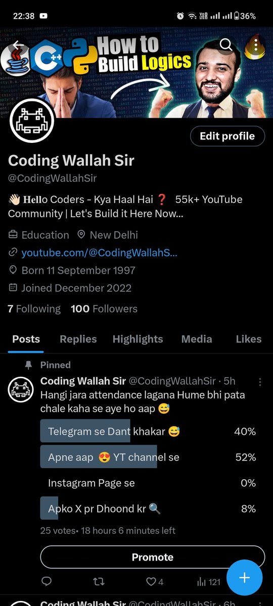 CodingWallahSir's tweet photo. Hanji, First 💯💪 X members ki party koon de raha h ? 😁 https://t.co/z7Y3o6ugB7