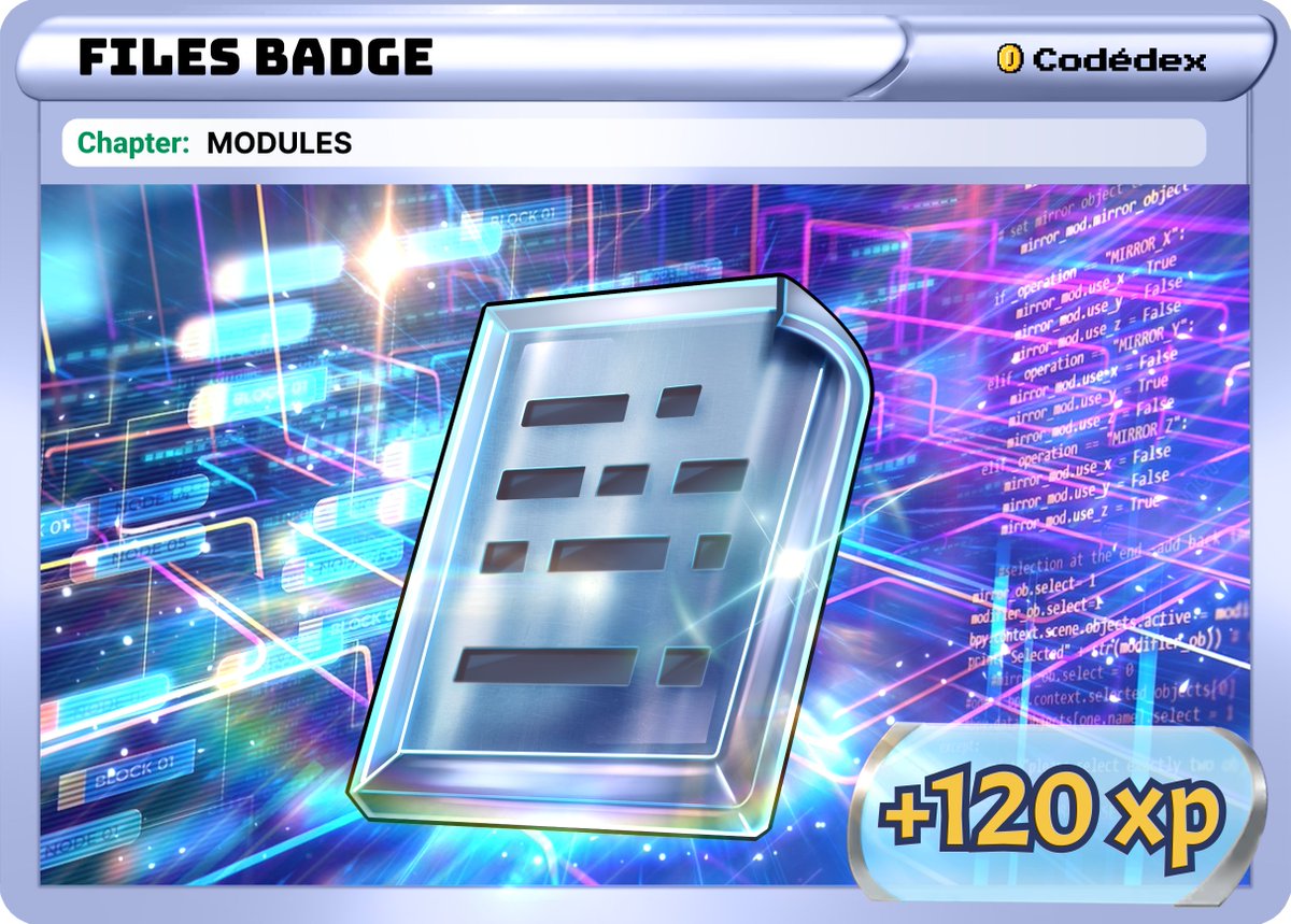ROR691's tweet image. I just earned the Files Badge on Codédex!  #Python #Codedex @codedex_io