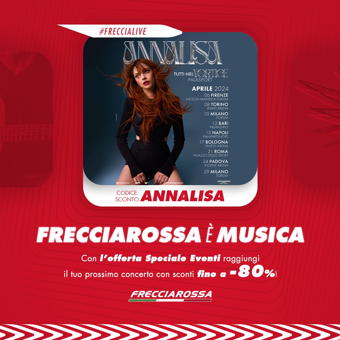 Frecciarossa_IT's tweet photo. Vivi tutte le emozioni della musica di @NaliOfficial dal vivo! 🎤🎵
Con l’offerta #SpecialeEventi e il codice ANNALISA sali a bordo delle Frecce e raggiungi il suo prossimo live con sconti fino all’80%  👉 https://t.co/gVaWb5bR7p #FrecciaLive #Annalisa @officialFandP https://t.co/HwsaIcdoHb
