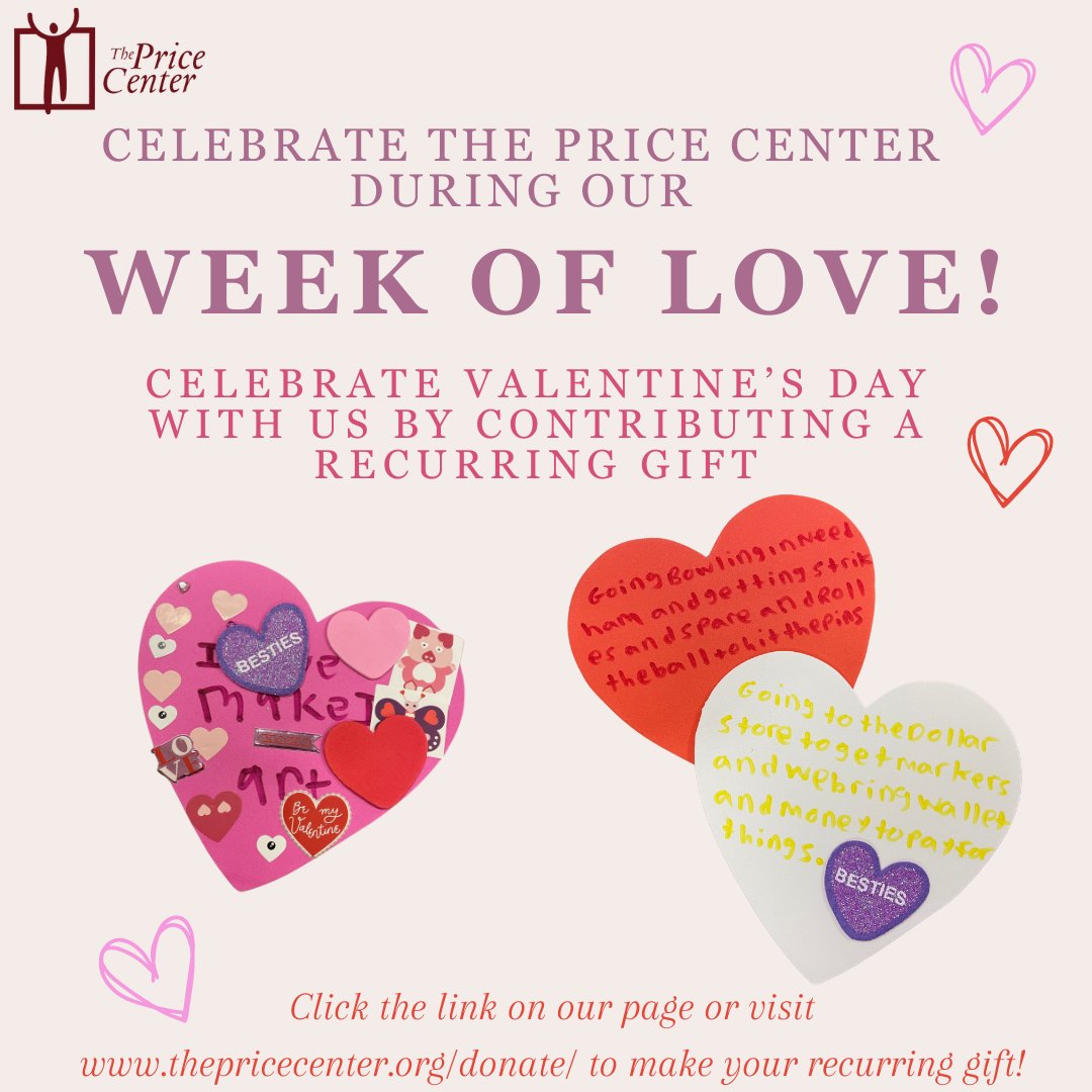 Celebrate #ValentinesDay differently! Show love to #ThePriceCenter individuals with a recurring donation:  $10 for art supplies!  $20 for sensory tools!  $25 for job training! 

Donate: thepricecenter.org/donate/

#GivingBack #SharetheLove #ThePriceCenter #HappyValentinesDay