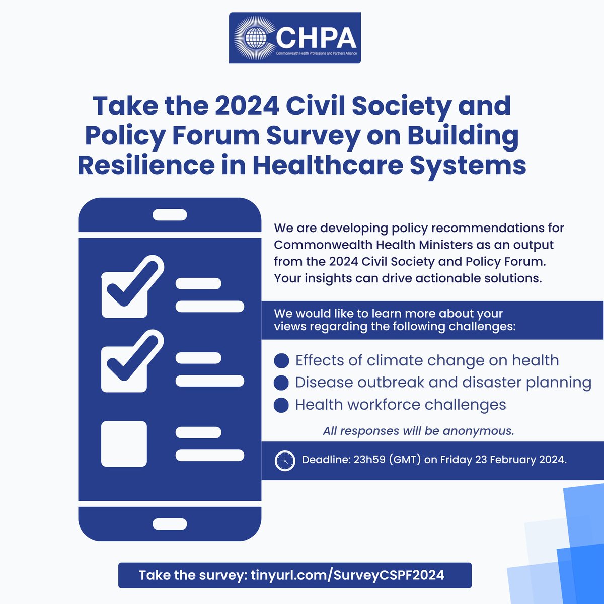 We're inviting you to participate in our survey on Building Resilience in Healthcare Systems within the Commonwealth. 

Contribute your insights on climate change, disease outbreaks, and workforce challenges. 

Take the survey - tinyurl.com/SurveyCSPF2024 
#CPApharm #CCSPF2024