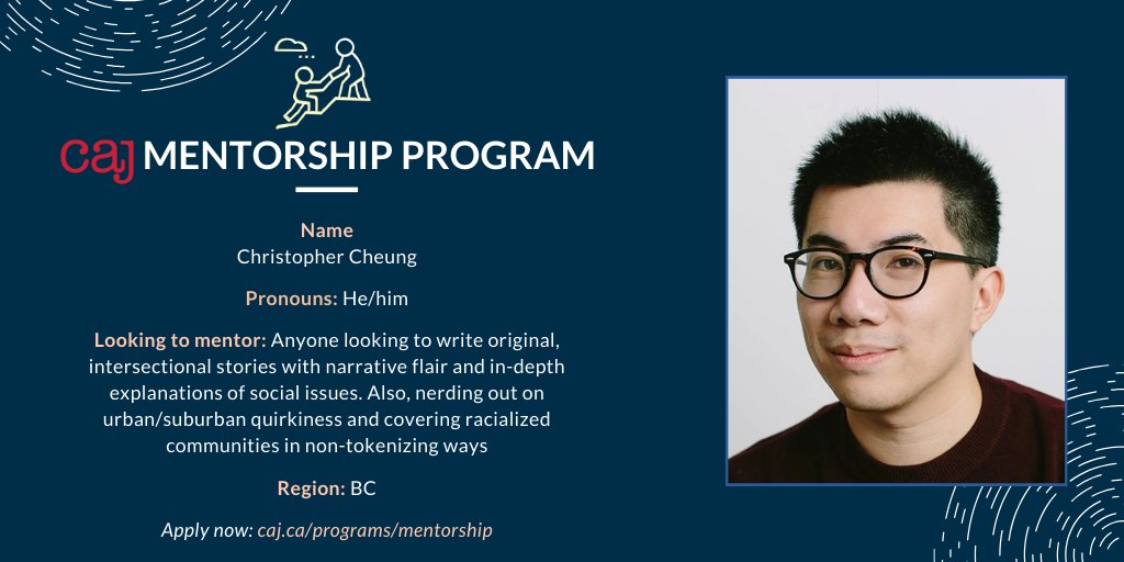 Finally participating in the @caj's acclaimed mentorship program! (My colleague @akkabah is in it too 😉) Would love to meet a journo with some experience under their belt hoping to hone their craft. More info here: caj.ca/programs/mento… About me: christophercheung.net