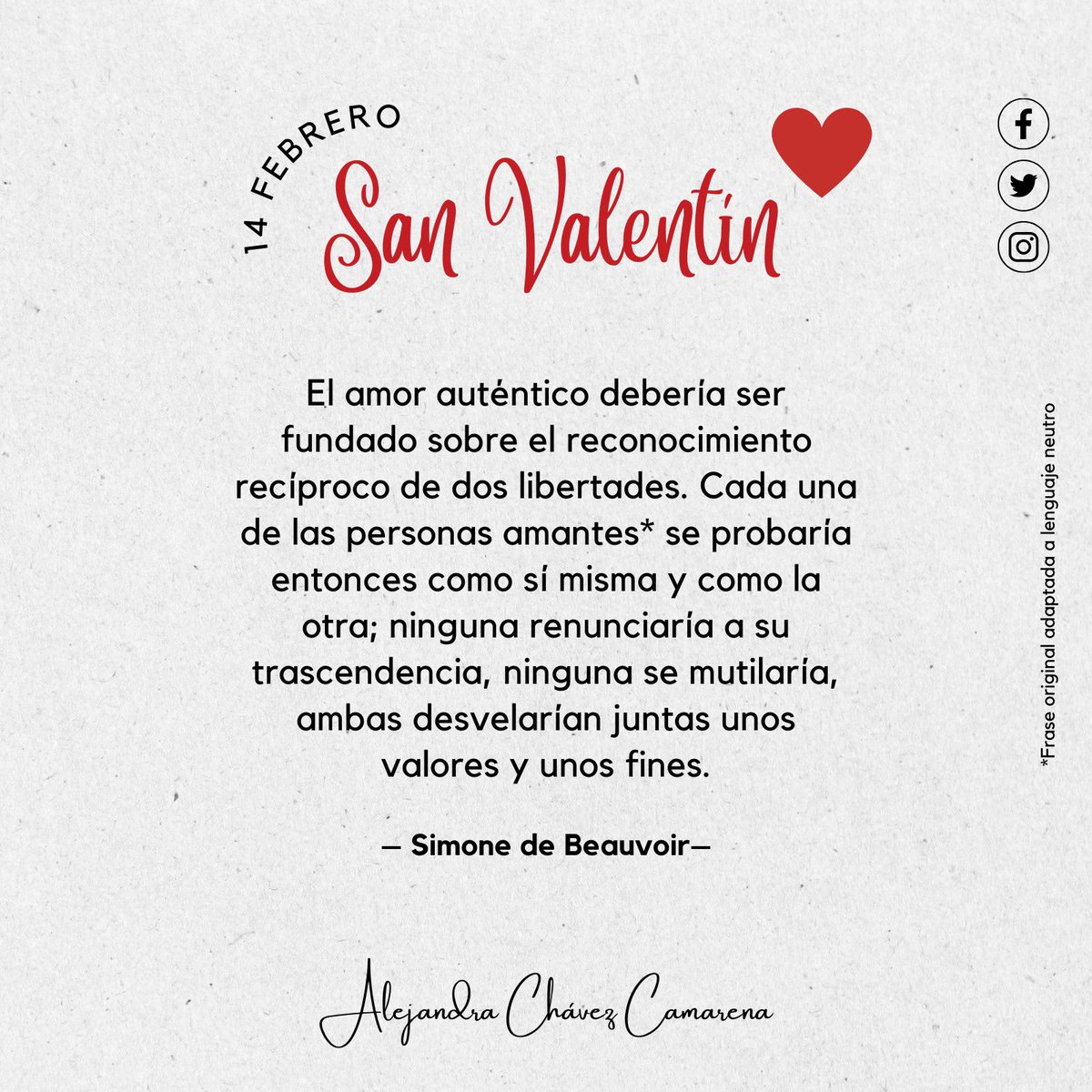 Simone de Beauvoir apuntaba que el amor auténtico debería basarse en el reconocimiento recíproco de dos libertades. ¡Feliz día del amor y la amistad! ❤️ #SanValentín