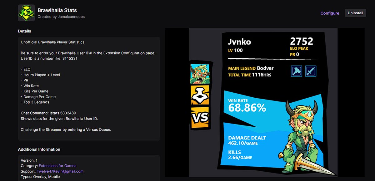 I want to shoutout BMG <a href="/Brawlhalla/">Brawlhalla</a> for giving me the Go ahead to complete this project.
The Extension is complete and has been submitted to twitch for approval, this will be accessible on mobile phone also, Once approved it will be available for all streamers in the Brawlhalla