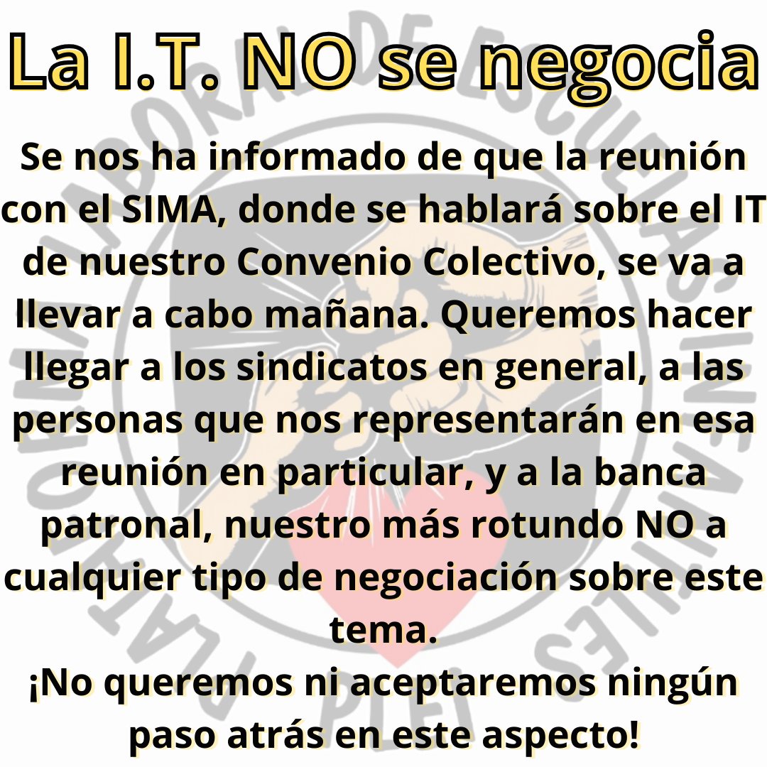 educacionPLEI's tweet photo. ⚠️⚠️ MÁXIMA DIFUSIÓN

 LA I.T. NO SE NEGOCIA

Se nos ha informado de que la reunión con el SIMA, donde se hablará sobre la I.T. de nuestro Convenio Colectivo se va a llevar a cabo mañana. 
#ConvenioDignoCeroTres https://t.co/7dYj7D7zzL