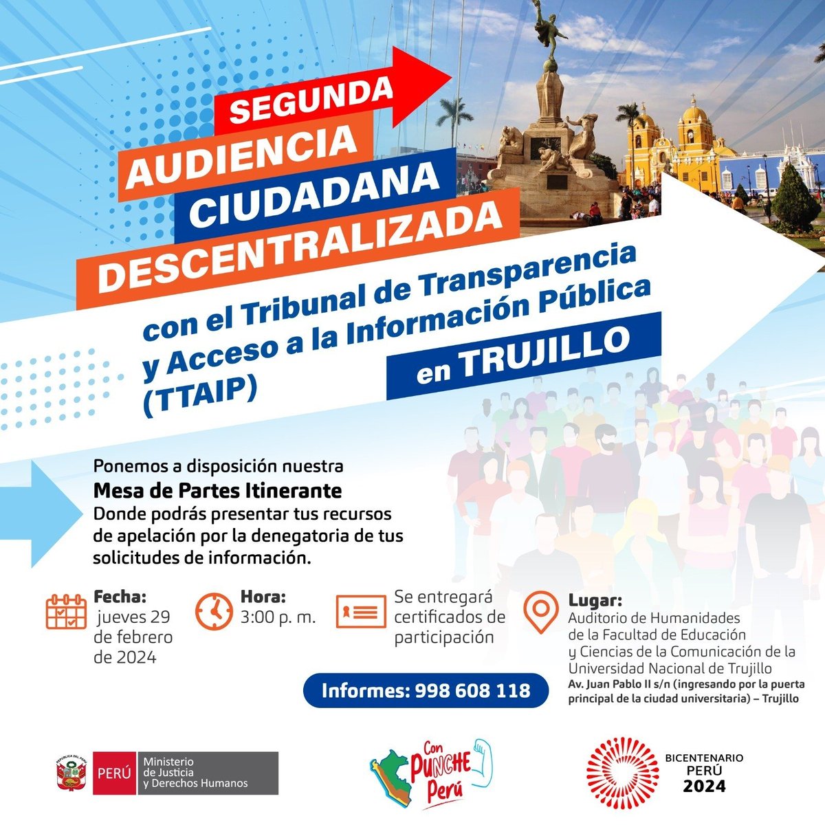 📢 ¡Atención, #Trujillo! Te esperamos este 29 de febrero en la segunda audiencia ciudadana descentralizada que busca difundir lineamientos, así como recoger aportes y propuestas en torno al derecho de acceso a la información pública. 
Regístrate aquí 👉 cutt.ly/NwVRulBC