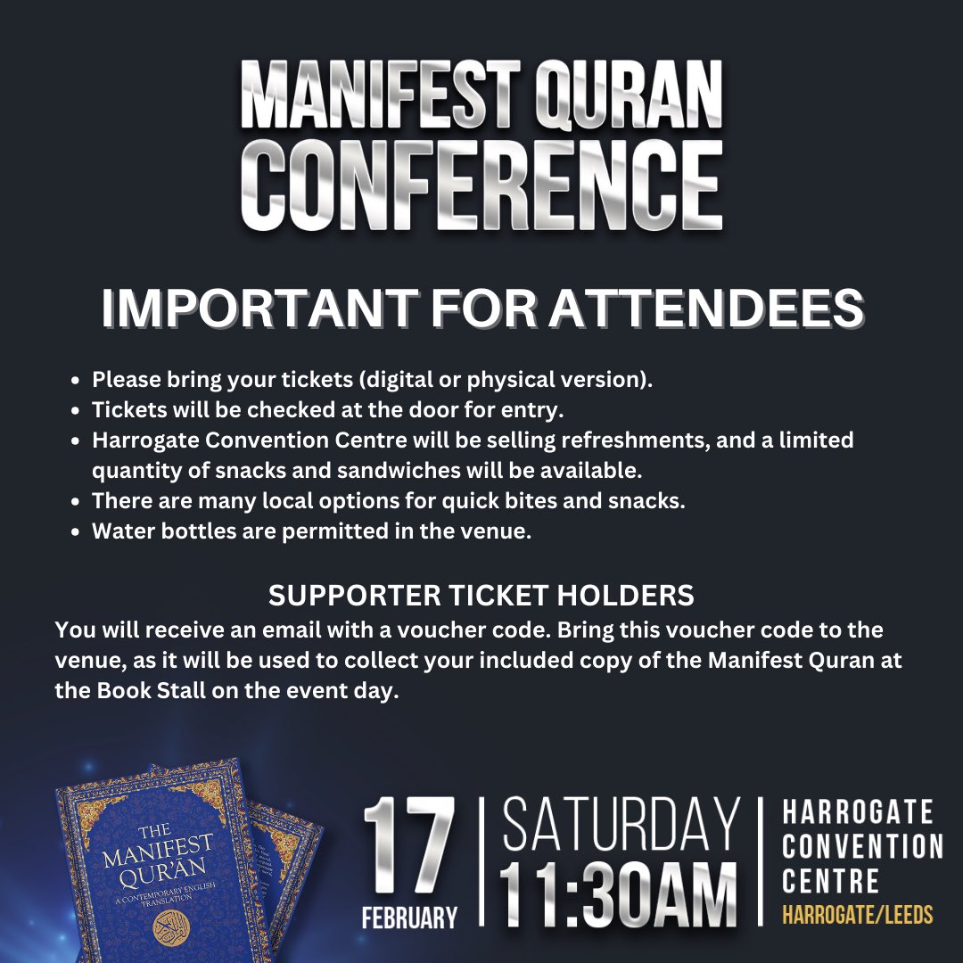 MQpublications's tweet photo. Important for attendees❗️
Visit https://t.co/3QQdjuvYc9 to book your tickets today. 
#TheManifestQuran https://t.co/JVe1iTB7ht