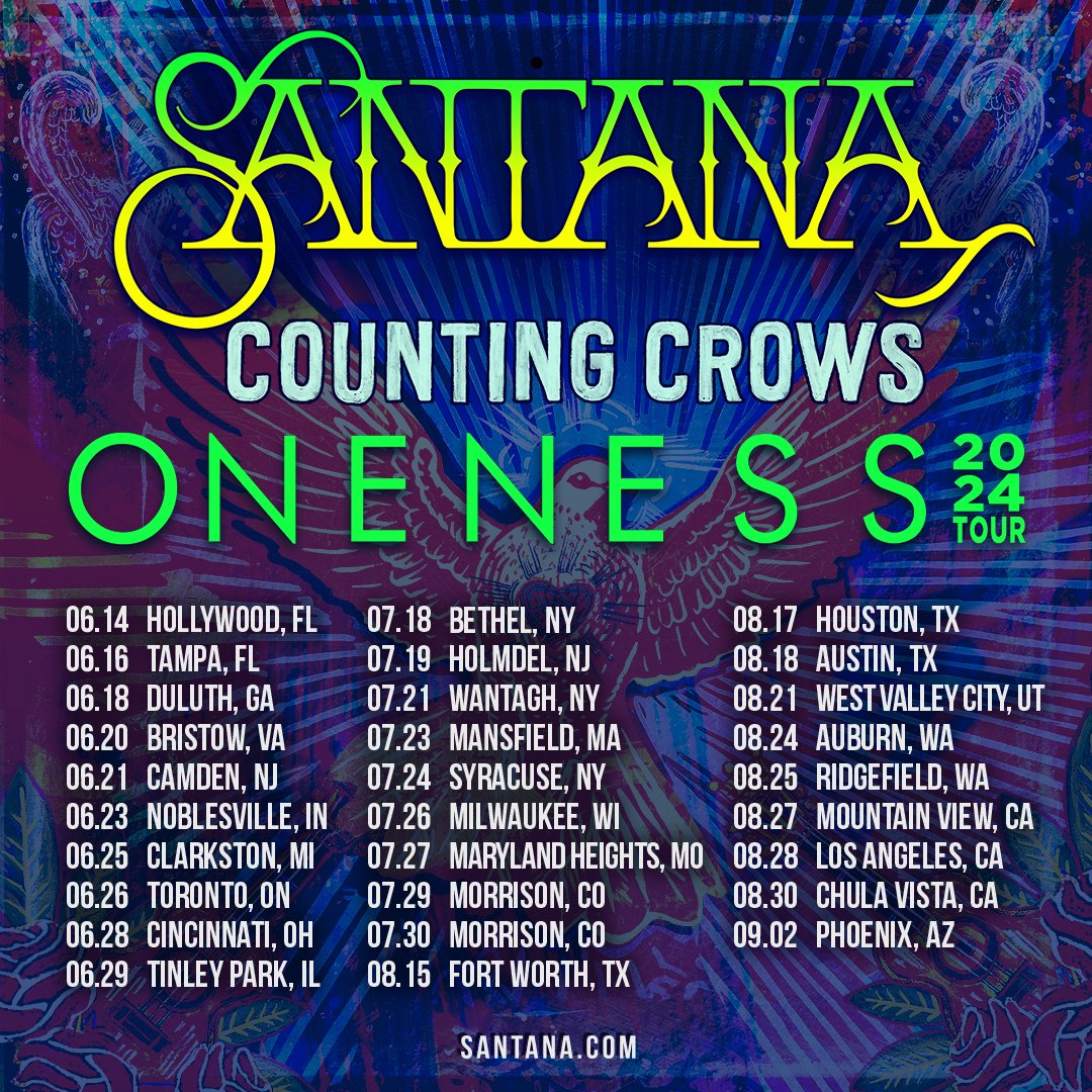 Presale for the @SantanaCarlos and Counting Crows: Oneness Tour 2024 begins today at 2pm local time through tomorrow 2/15 at 10pm local time. Where will we be seeing you this summer? countingcrows.com/tour