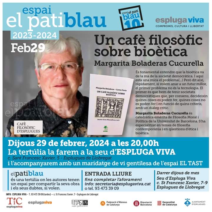 Espluga_Viva's tweet image. Al febrer farem tertúlia #PatiBlau compartida amb un altre espai de tertúlia, Cafè Filosòfic d'Esplugues sobre el llibre de Margarita Boladeras, Jaume Grau i @CarmePorta @ELTASTEsplugues ho maridarà amb un vi del país. 

📒29 de febrer
 🕗8 del vespre 
📍Espluga Viva
#Esplugues