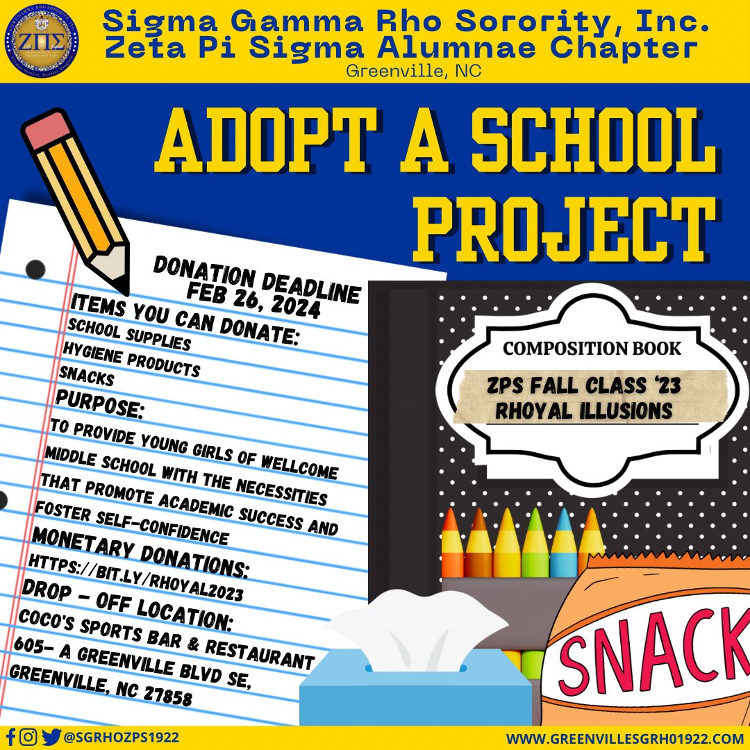 Please Support the ZPS 2023 Fall Class Community Project! Help 15 girls in Pitt County Schools thrive this school year. Donate at Coco’s Sports Bar &amp; Restaurant or online: bit.ly/RHOyal2023 ⭐️
