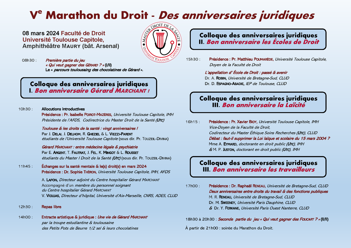 🗓️ La 5e édition du « Marathon du droit » (marathondudroit.org) se tiendra à l’univ. <a href="/UTCapitole/">Université Toulouse Capitole</a> le 8 mars ⚖️
Les thèmes interrogés seront :
– la santé mentale ;
– la laïcité ;
– les écoles de droit ;
– les droits des travailleurs.
<a href="/Clud4Droit/">CLUD</a>