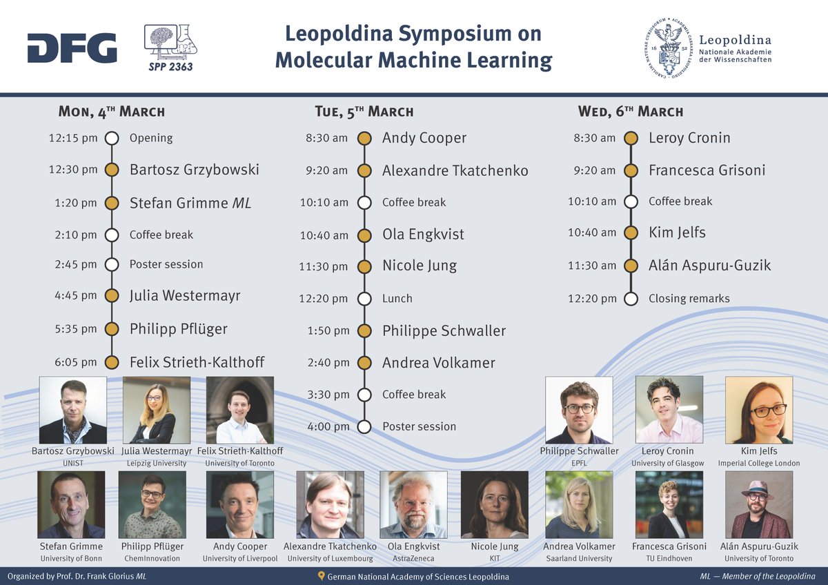 Frank Glorius (@gloriusfrank) on Twitter photo Leopoldina Symposium on Molecular Machine Learning:
4 to 6 March in Halle/Saale (National Academy).
Amazing line-up👍, free registration!😀
<a href="/Leopoldina/">Nationale Akademie der Wissenschaften Leopoldina</a> <a href="/spp2363/">SPP 2363</a> <a href="/dfg_public/">DFG public | @dfg_public@wisskomm.social</a> Leopoldina Symposium on Molecular Machine Learning:
4 to 6 March in Halle/Saale (National Academy).
Amazing line-up👍, free registration!😀
<a href="/Leopoldina/">Nationale Akademie der Wissenschaften Leopoldina</a> <a href="/spp2363/">SPP 2363</a> <a href="/dfg_public/">DFG public | @dfg_public@wisskomm.social</a>