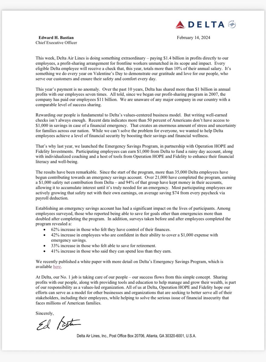 davidshepardson's tweet photo. .@Delta CEO writes lawmakers on profit sharing: “All told, since we began our profit-sharing program in 2007, the company has paid our employees $11 billion. We are unaware of any major company in our country with a comparable level of success sharing” https://t.co/3LS9dnbws6