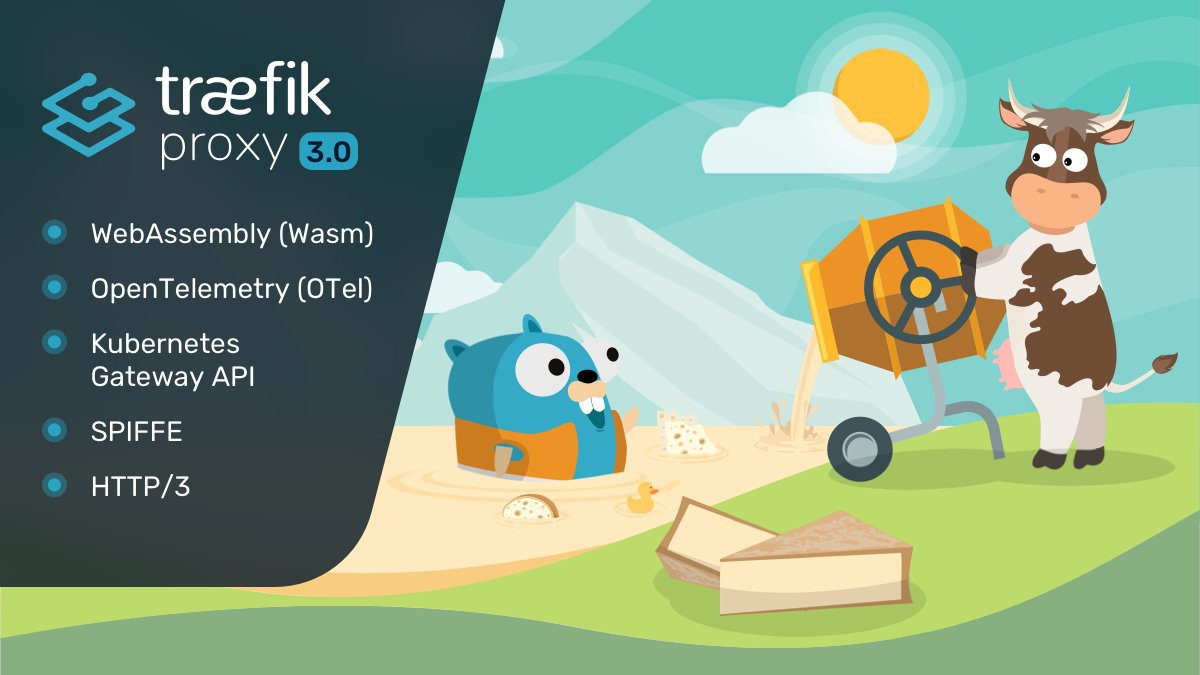 traefik's tweet photo. 🎉 Traefik v3 is officially a Release Candidate! 🎉 Thank you to everyone who made v3 possible with awesome new features including:

- WebAssembly (Wasm)
- OpenTelemetry (OTel)
- Kubernetes Gateway API Support
- HTTP/3
- SPIFFE
- Much more

Details here 👉 https://t.co/99QHt2xhLy https://t.co/OUQ83wFzeM