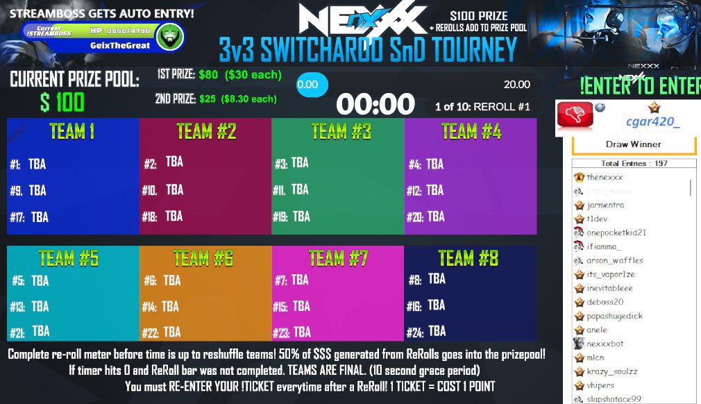 $150+ 3v3 SnD Switcharoo tonight!
FREE ENTRY.
24 spots available.

Just show up to stream before 6:30 PM EST and be ready to type in chat to be eligible to get selected!
