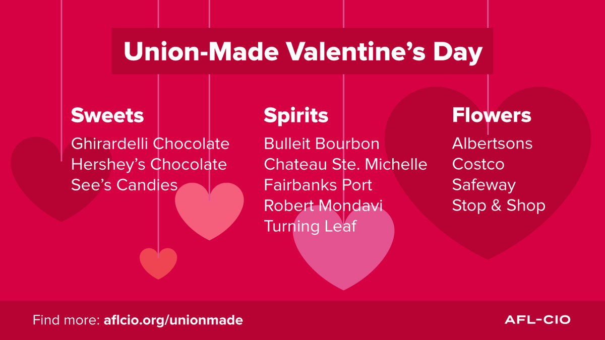 💞 Celebrate with union-made treats this #ValentinesDay! Get some union-made chocolate, toast w/a beverage that carries a union label, or a union-made flower bouquet made by UNION workers around the country! 💪💪🏻💪🏽💪🏿 #HappyValentinesDay!