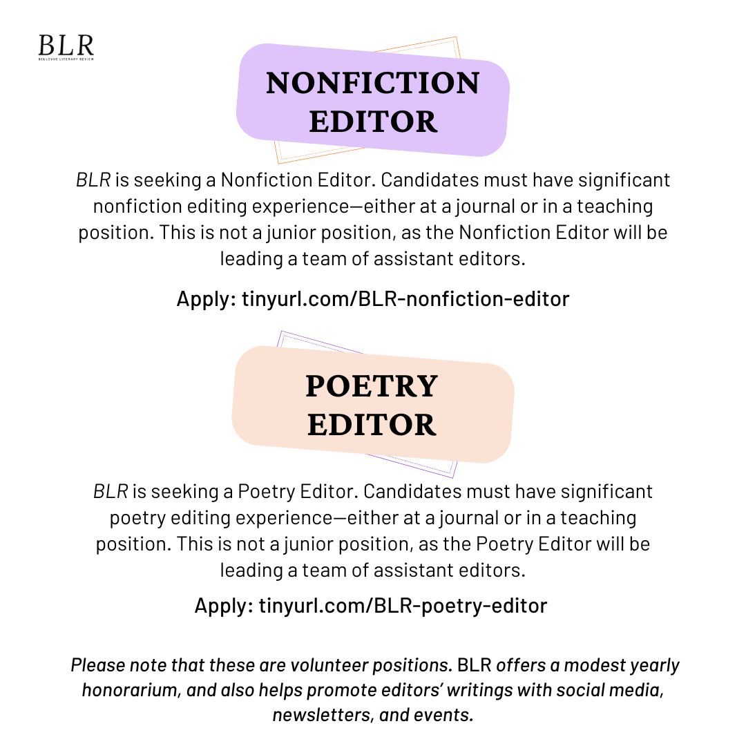 📣 BLR seeks a Poetry Editor & Nonfiction Editor! Candidates must have significant editing experience at a journal or teaching position. *These are volunteer positions. #literarymagazine Visit the below links for more info: tinyurl.com/BLR-nonfiction… tinyurl.com/BLR-poetry-edi…