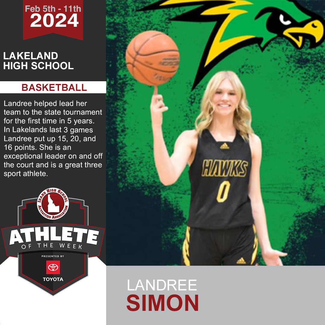 IDHSAA's tweet image. Drive Toyota and the IHSAA congratulate Landree Simon of Lakeland High School for being named the Athlete of the Week presented by Toyota!

Click the link below to nominate a future Athlete of the Week!

forms.gle/v7RBmsuTeu1Ke1…