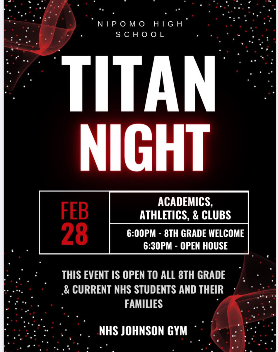8th grade students and families, save the date for Titan Night. February 28 starting at 6 pm. More details in the image. #titanup @nipomohs