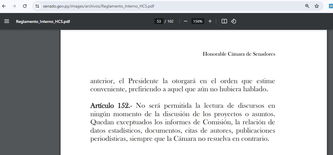 Reglamento interno del Senado, artículo 152: "No será permitida la lectura de discursos en ningún momento de la discusión de los proyectos o asuntos".  

"Quedan exceptuados los informes de Comisión, la relación de datos estadísticos, documentos, citas de autores, publicaciones