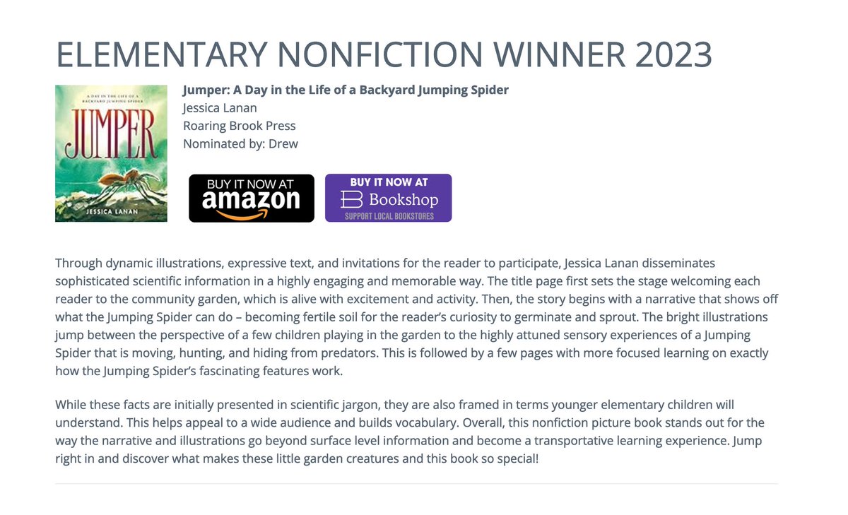 I'm excited to share the JUMPER is the 2024 winner of the Cybils Award for elementary nonfiction. Thank you to the judges and congrats to the other winners! cybils.com/2024/02/announ…