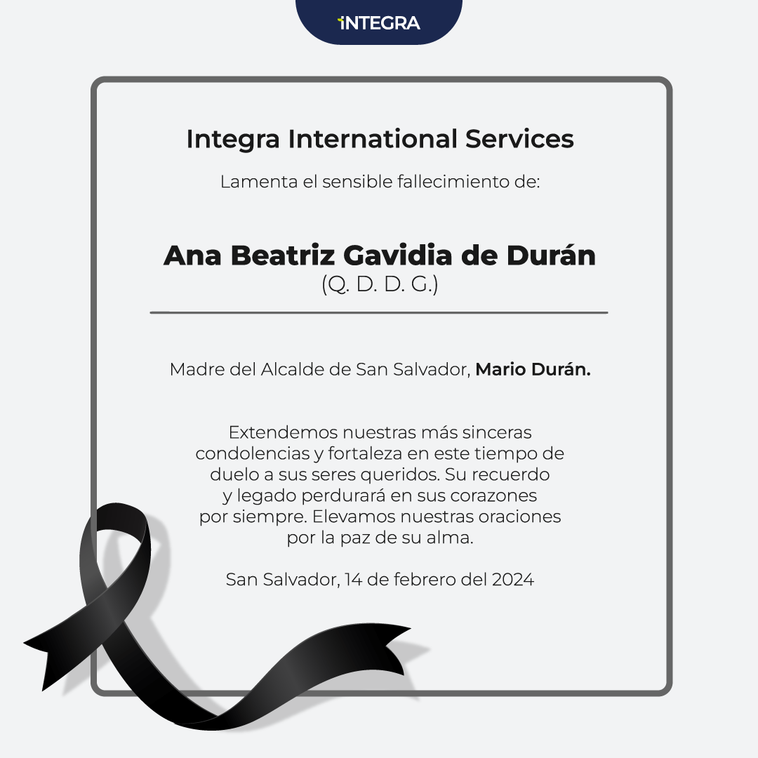 Integra_Int's tweet photo. Nuestra compañía se une al duelo por el fallecimiento de la madre del Alcalde de San Salvador, @marioduran

Oramos por el consuelo y paz de su familia🕊. https://t.co/JfC5qpaEm0