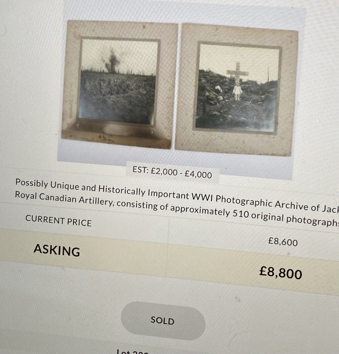 I was going to bid on this collection of some 500 soldier’s own photographs today. Imagined I might have to bid £1800 at least. Not even close! Some great #ww1 images but enough there for 11k when fees are included? Bonkers. #somme #ypres #Greatwar